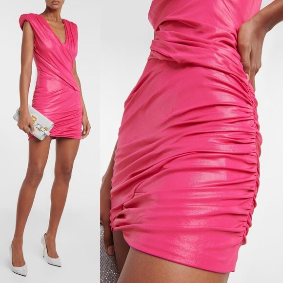Balmain Fuchsia Ruched Mini Dress Metallic Shine V-Neck Pointed Shoulder - Picture 3 of 16